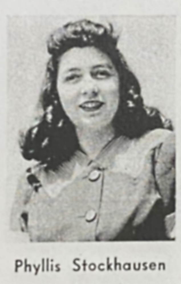 Portrait of Phyllis Stockhausen taken for a newpaper feature. She is brunette and her hair is styled in a typical 1940s fashion.